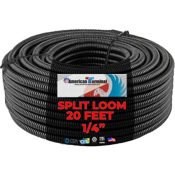 American Terminal 20 Ft 1/4" Split Wire Loom Conduit Polyethylene Tubing Black Color Sleeve Tube