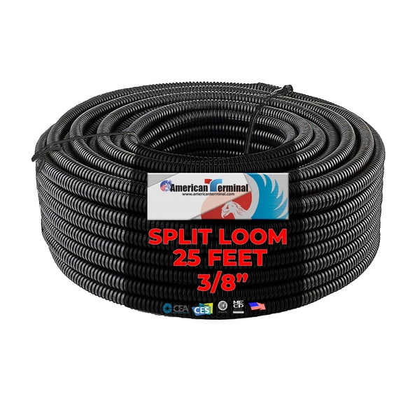 American Terminal ASLT38-25 25' 3/8" 10mm Split Wire Loom Conduit Polyethylene Corrugated Tubing Sleeve Tube
