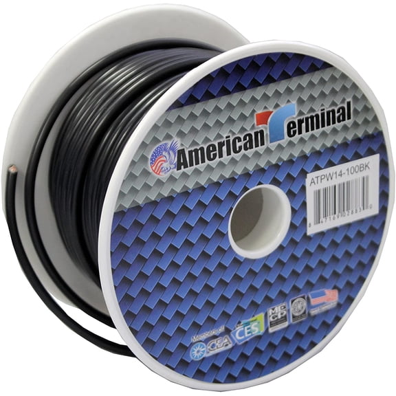 American Terminal ATPW14-100BK 14 Gauge 100 Feet Wire Black Power Ground Primary Stranded Copper Clad