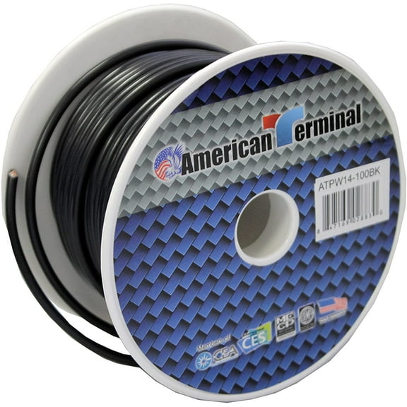 American Terminal ATPW14-100BK<br/> 14 Gauge 100 Feet Wire Black Power Ground Primary Stranded Copper Clad
