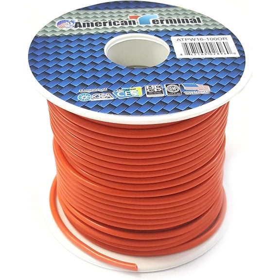 American Terminal ATPW16-100OR 16GA 100' Orange Primary Remote Power Ground WireAmerican Terminal ATPW16-100OR 16GA 100' Orange Primary Remote Power Ground Wire