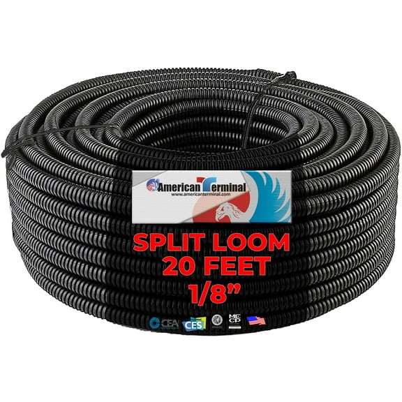 American Terminal ATSLT18-20 20' 1/8" 2.5mm Split Wire Loom Conduit Polyethylene Corrugated Tubing Sleeve Tube