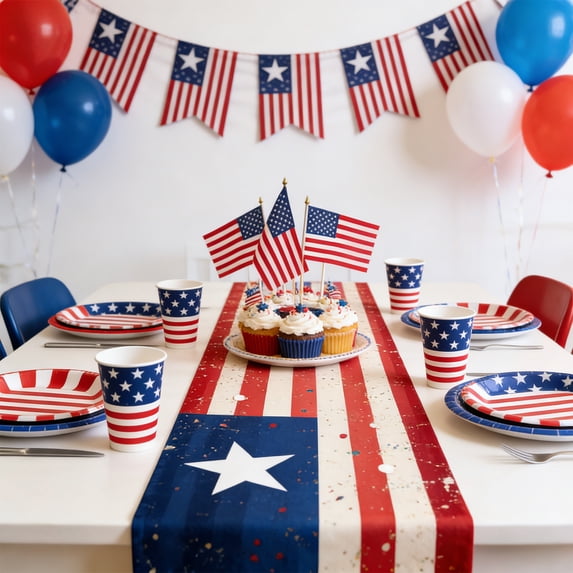 American Themed Patriotic Table Runner, USA Flag Star Pattern Table Mat, Independence Day Holiday Decor, Festive Cloth for Home Party Dining Table Decoration