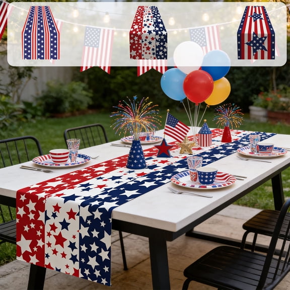 American-Themed Table Runner with Flag and Star Patterns, Soft and Reusable Polyester Table Decoration, Stain-Resistant Patriotic Table Runner for Holiday Party & Festive Gifts, 12.99"x 72.05"