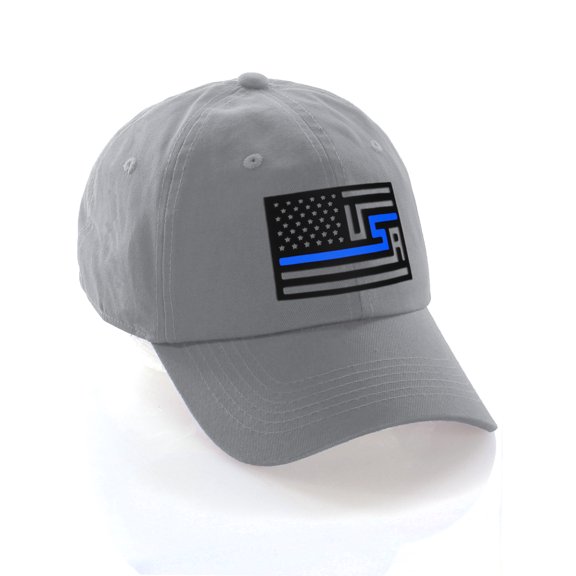 American Thin Blue Red Line Redesigned Support Serviceman Flag Baseball Hat Cap (Thin Blue Line, Grey Hat)