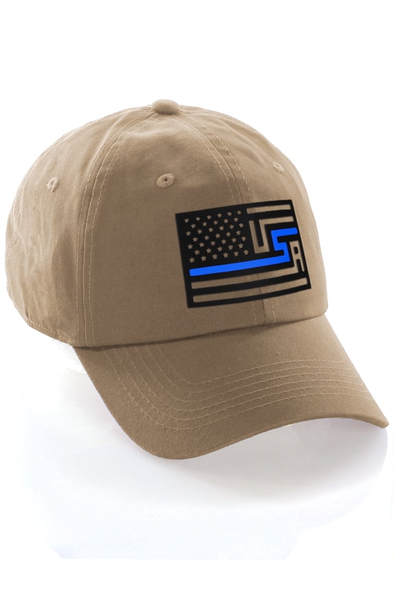 American Thin Blue Red Line Redesigned Support Serviceman Flag Baseball Hat Cap (Thin Blue Line, Khaki Hat)