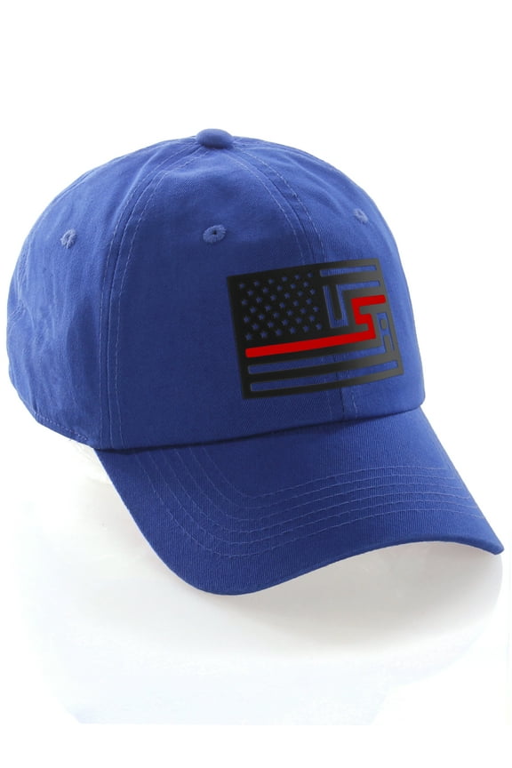American Thin Blue Red Line Redesigned Support Serviceman Flag Baseball Hat Cap (Thin Red Line, Blue Hat)