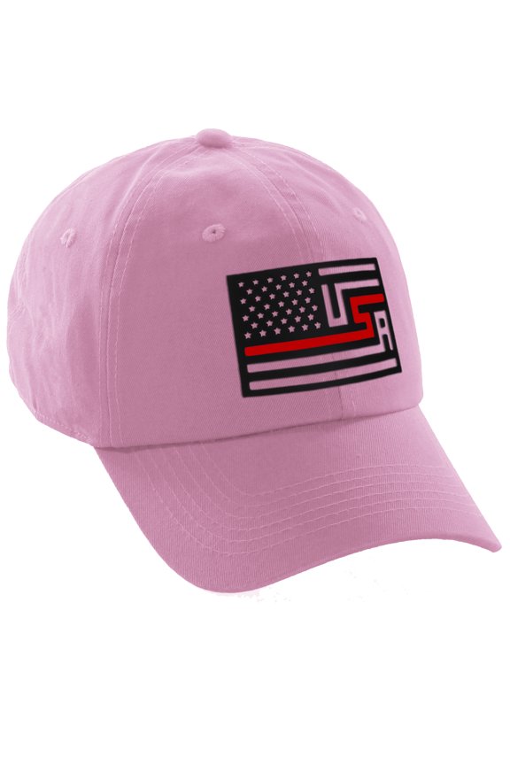 American Thin Blue Red Line Redesigned Support Serviceman Flag Baseball Hat Cap (Thin Red Line, Pink Hat)