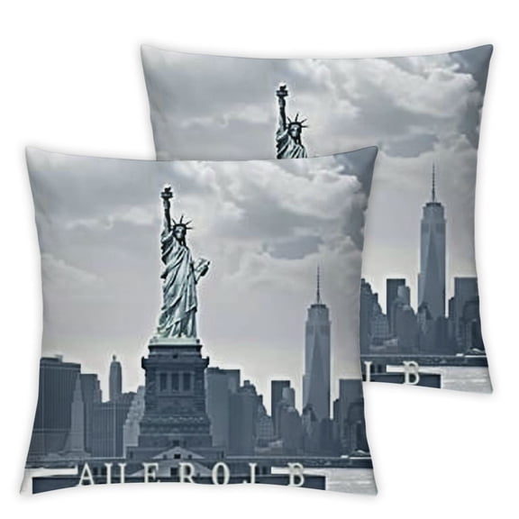 American Throw Pillow Cushion Cover, New York City Silhouette with Statue of Liberty Famous Town USA Monument Image, Decorative Accent Pillow Case, Pale Grey