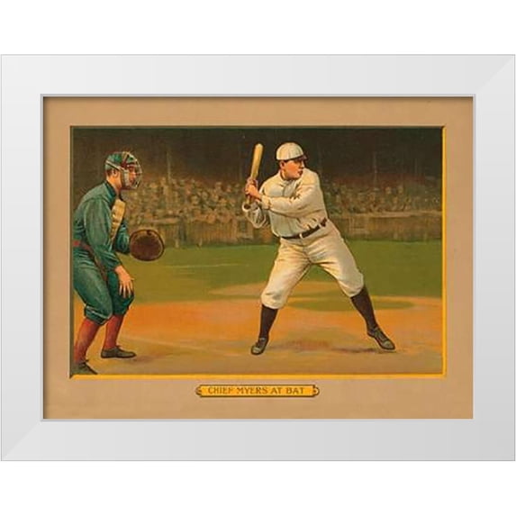American Tobacco Company 14x12 White Modern Wood Framed Museum Art Print Titled - Chief Myers at Bat, Baseball Card, 1911