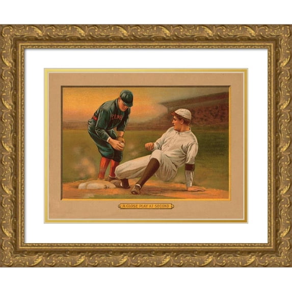 American Tobacco Company 18x15 Gold Ornate Wood Framed with Double Matting Museum Art Print Titled - A Close Play at Second, Baseball Card