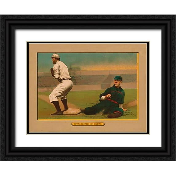 American Tobacco Company 32x25 Black Ornate Wood Framed with Double Matting Museum Art Print Titled - Trying to Catch Him Napping, Baseball Card
