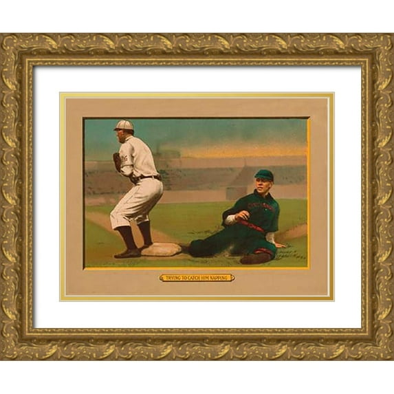 American Tobacco Company 32x25 Gold Ornate Wood Framed with Double Matting Museum Art Print Titled - Trying to Catch Him Napping, Baseball Card