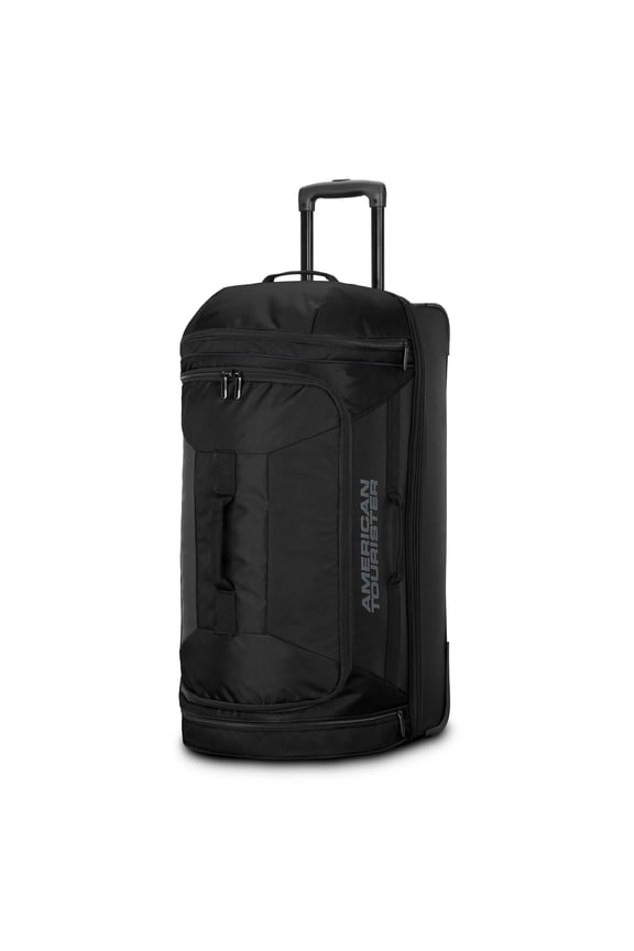 Black 28-inch Wheeled Duffel Bag with Drop Bottom Compartment