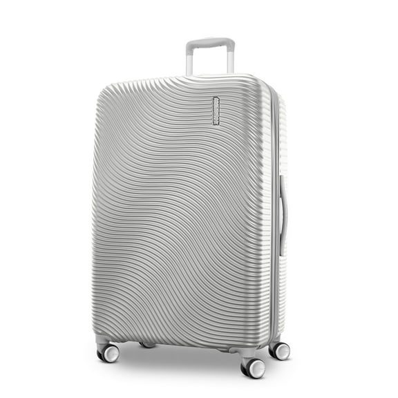 American Tourister Color Waves Large Checked Expandable Luggage Suitcase with Spinner Wheels, Silver