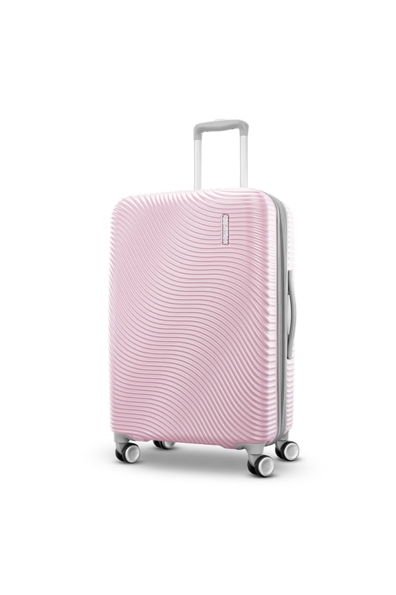 Color Waves Medium Checked Expandable Luggage Suitcase with Spinner Wheels, Light Pink