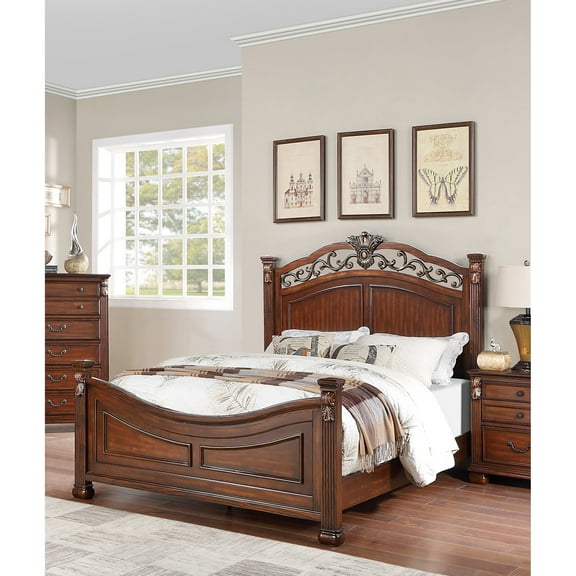 American Traditional Dark Cherry Bedframe, Eastern King Size With Faux Leather Headboard Classic Bed, Color
