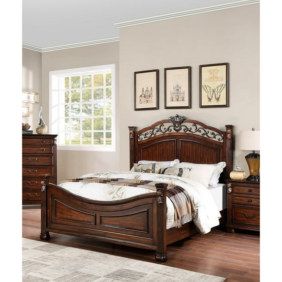 American Traditional Dark Cherry Queen Size Bed With Crafted Headboard Luxury Pine Wood Upholstery