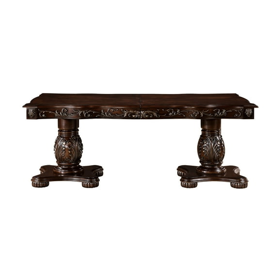 American Traditional Dining Table In Cherry With Expandable Leaves, Double Pedestal Base, Seating For 8 Persons Style Leaves Cherry, Gold Accents, Accommodation