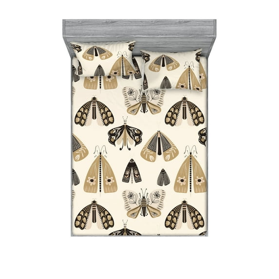 American Traditional Fitted Sheet & Pillow Sham Set, Oldschool Inspired Moth Illustration With Floral Wings, Decorative Printed 3 Piece Bedding Decor, Full, Camel Cream Charcoal Grey, by Ambesonne