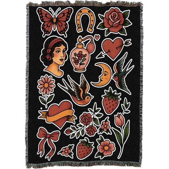 American Traditional Flash Red - Tattoo Design - Tapestry Throw Blanket Woven fr