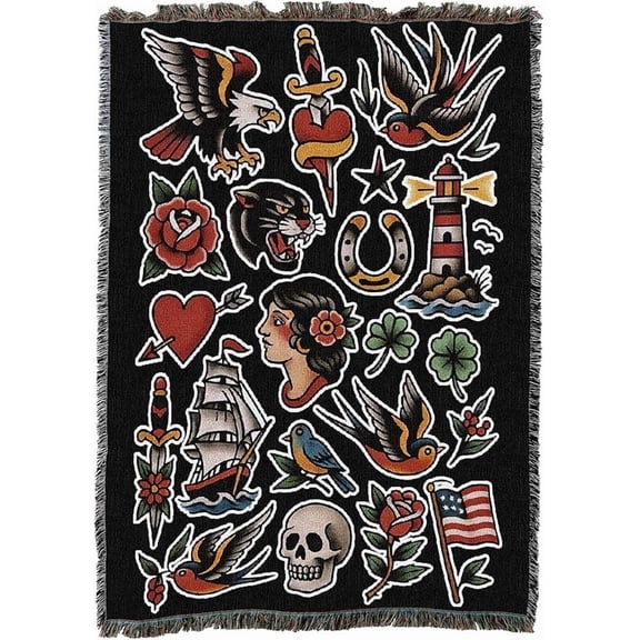 American Traditional Flash - Tattoo Design - Tapestry Throw Blanket Woven from C
