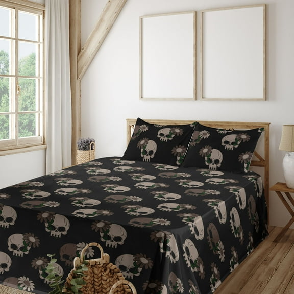 American Traditional Print Sheet Set, Modern Minimalist Skull Shape Pattern With Flower, Fitted & Flat Sheet with Pillowcase Bedding Accent 4 Pcs Set, Calking, Charcoal Grey Eggshell, by Ambesonne