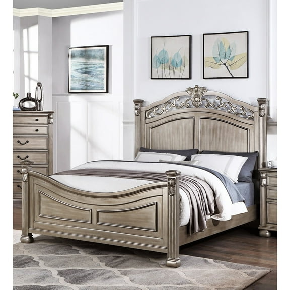 American Traditional Queen Bed, Antique Silver Finish And Impeccable Headboard Design Classy Style Beautiful