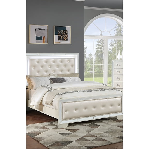 American Traditional Style Cream Faux Leather Bed With Tufting And Led