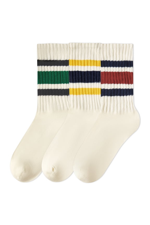 3 Pairs Crew Socks for Women Cotton Athletic Socks Breathable Retro Striped Women Boot Socks
