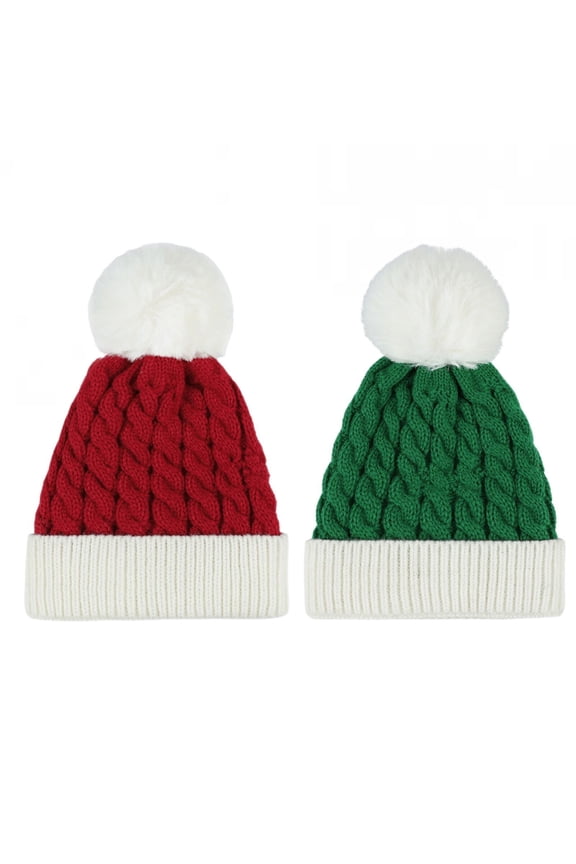 Baby Beanie Double Pom Pom Hat Kid Toddler Beanies Knit Baby Girl Winter Hat Caps for Baby Boys Girls 2 Packs White Green & Red