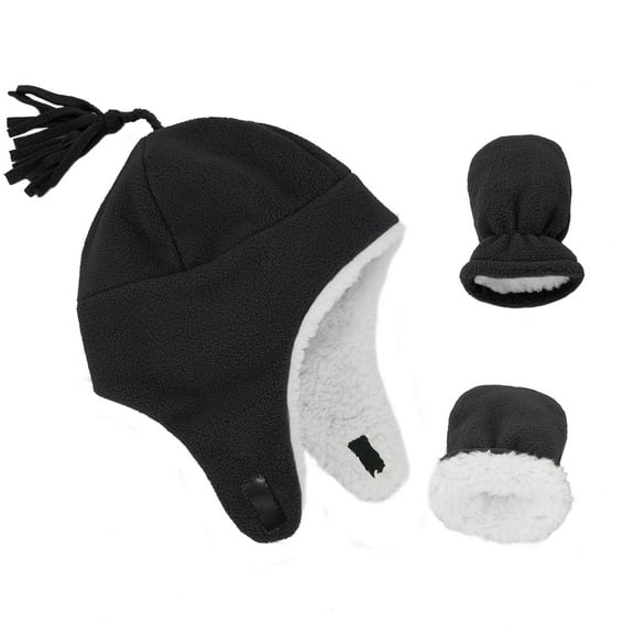 American Trends Baby Boy Winter Hat and Mitten Set Baby Girl Hats Toddler Winter Hat Sherpa Lined Fleece Earflap Beanie for Girls Boys Black S