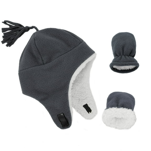American Trends Baby Boy Winter Hat and Mitten Set Baby Girl Hats Toddler Winter Hat Sherpa Lined Fleece Earflap Beanie for Girls Boys Gray L