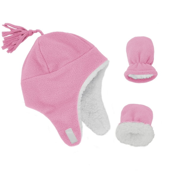American Trends Baby Boy Winter Hat and Mitten Set Baby Girl Hats Toddler Winter Hat Sherpa Lined Fleece Earflap Beanie for Girls Boys Light Pink L