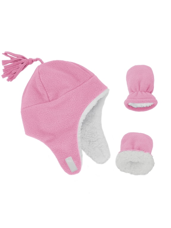 Baby Boy Winter Hat and Mitten Set Baby Girl Hats Toddler Winter Hat Sherpa Lined Fleece Earflap Beanie for Girls Boys Light Pink S