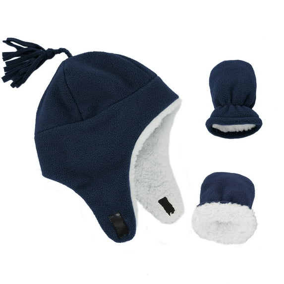 American Trends Baby Boy Winter Hat and Mitten Set Baby Girl Hats Toddler Winter Hat Sherpa Lined Fleece Earflap Beanie for Girls Boys Navy Blue L