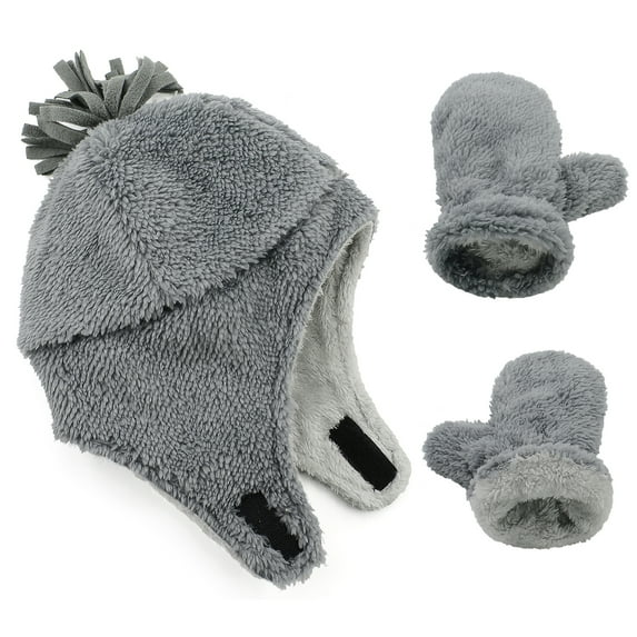 American Trends Baby Toddler Winter Hat and Glove Set Sherpa Lined Warm Fleece Earflap Beanie Hat Toddler Kids Winter Hat for Boys Girls Fuzzy Dark Grey 2-12 Months