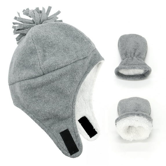American Trends Baby Toddler Winter Hat and Glove Set Sherpa Lined Warm Fleece Earflap Beanie Hat Toddler Kids Winter Hat for Boys Girls Light Grey 2-4T