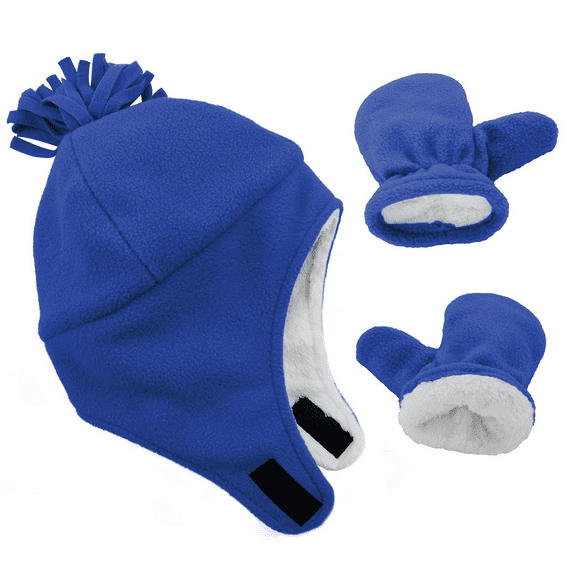 American Trends Baby Toddler Winter Hat and Glove Set Sherpa Lined Warm Fleece Earflap Beanie Hat Toddler Kids Winter Hat for Boys Girls Royal Blue 1-2T