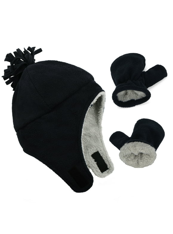 Baby Toddler Winter Hat and Glove Set Sherpa Lined Warm Fleece Earflap Beanie Hat Toddler Kids Winter Hat for Boys Girls Solid Black 2-12 Months