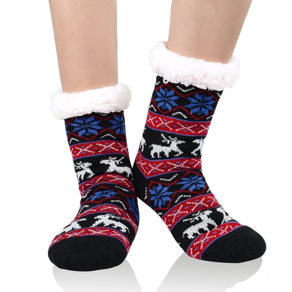 American Trends Fuzzy Socks with Grips for Women Warm House Socks Indoor Winter Socks Cozy Non Slip Plush Fleece Socks Christmas Socks Black Deer