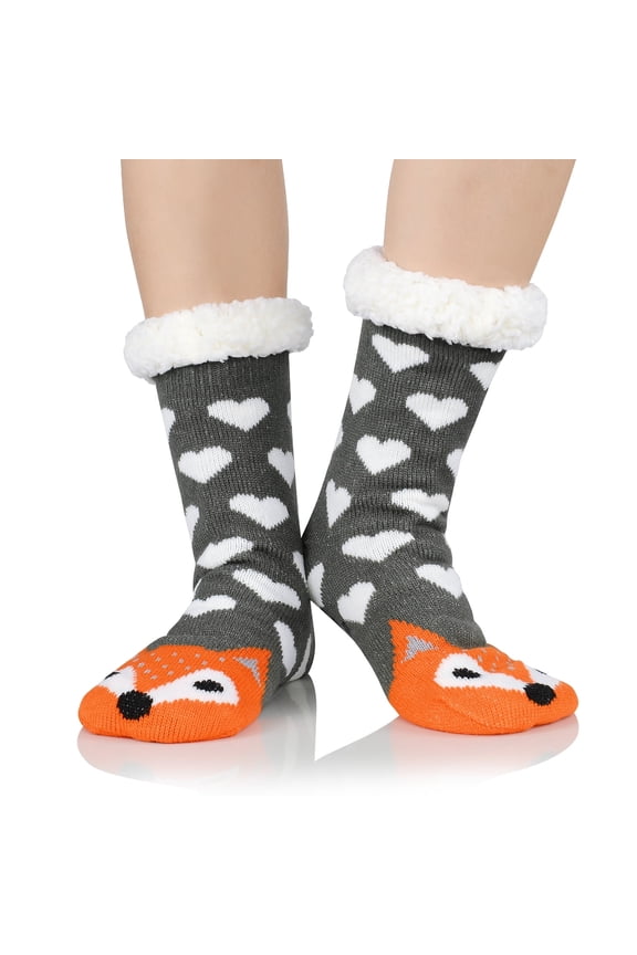 Fuzzy Socks with Grips for Women Warm House Socks Indoor Winter Socks Cozy Non Slip Plush Fleece Socks Christmas Socks Orange Fox
