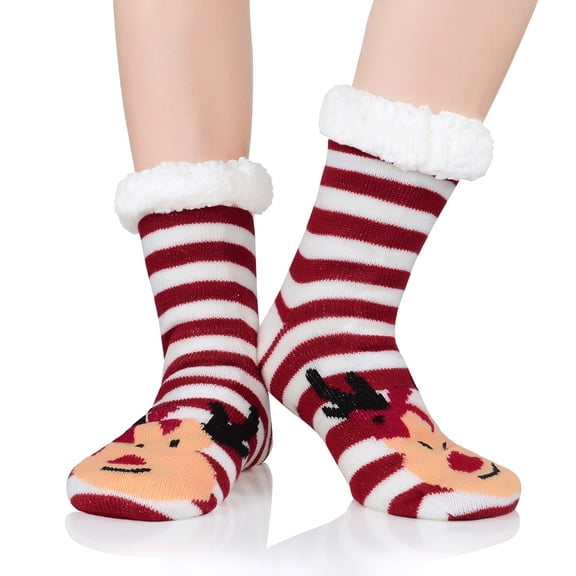 American Trends Fuzzy Socks with Grips for Women Warm House Socks Indoor Winter Socks Cozy Non Slip Plush Fleece Socks Christmas Socks Red Deer