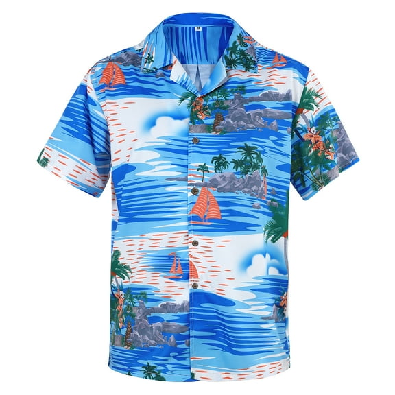 American Trends Hawaiian Shirt for Men Short Sleeve Button Down Shirts Beach Shirts for Men Blue Island 2XL