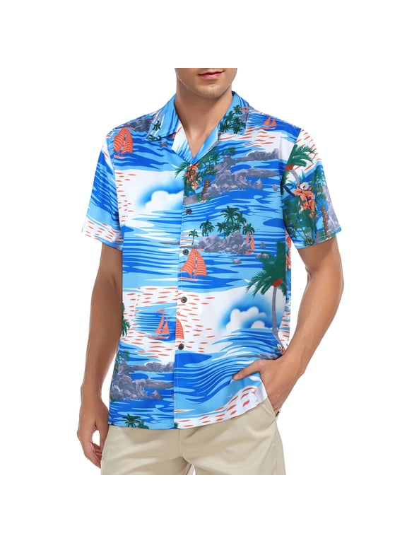 Hawaiian Shirt for Men Short Sleeve Button Down Shirts Beach Shirts for Men Blue Island L