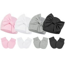 American Trends Infant Hat and Mitten Set Beanie Bow Baby Caps Newborn Caps with No Scratch Mittens Set Light Pink & White & Gray & Black 0-6 Months