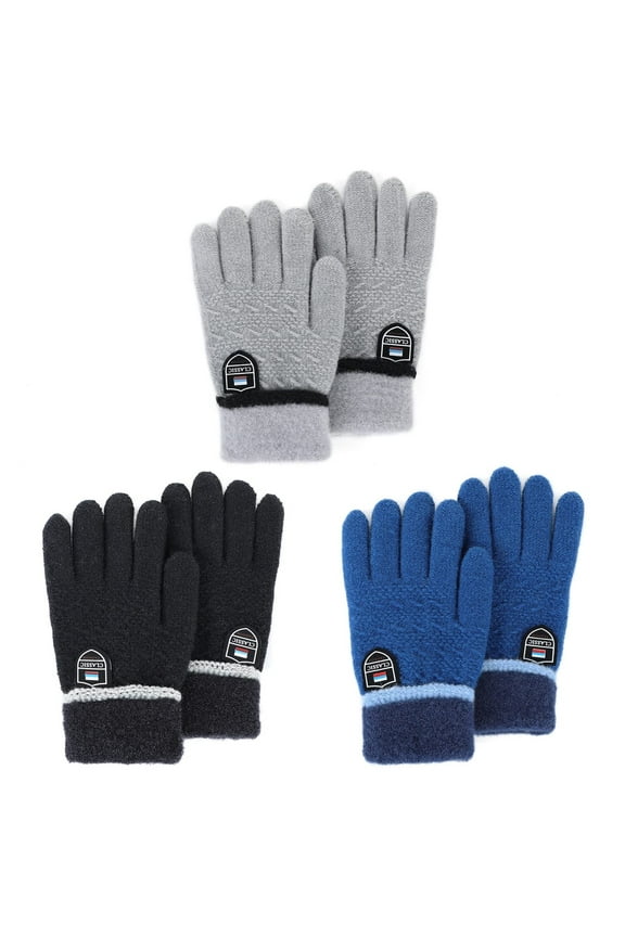 Kids Gloves Winter Warm Fleece Lined Gloves Kids Knit Gloves Solid Color for Boys and Grils 3 Paris Black & Gray & Dark Blue; 9-14 Years