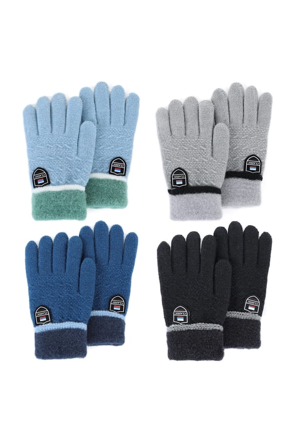 Kids Gloves Winter Warm Fleece Lined Gloves Kids Knit Gloves Solid Color for Boys and Grils 4 Pairs Black & Gray & Dark Blue & Light BLue; 9-14 Years