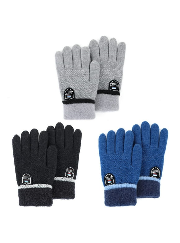 American Trends Kids Gloves Winter Warm Fleece Lined Gloves Kids Knit Gloves Solid Color for Boys and Grils 3 Paris Black & Gray & Dark Blue; 9-14 Years