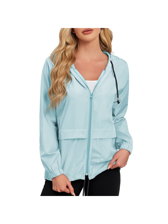Women Waterproof Rain Jacket with Hood Packable Lightweight Windproof Raincoat with Pockets Outdoor Blue Green S